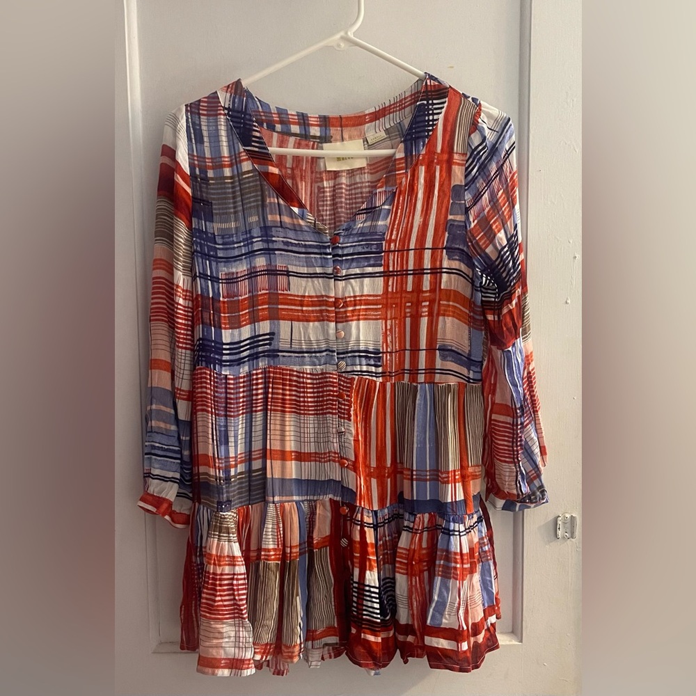 Anthropologie Maeve Lila Tiered Plaid Tunic Top Blue Red Peasant Boho - Size XS